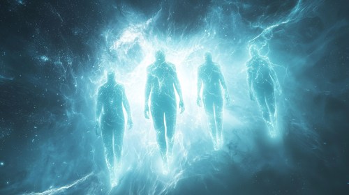 Figures of glowing blue light appear to emerge from a misty, luminous background, creating an ethereal and otherworldly scene.