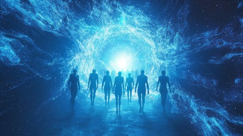 Silhouettes of figures standing in a blue, ethereal light, creating a mystical and otherworldly atmosphere.